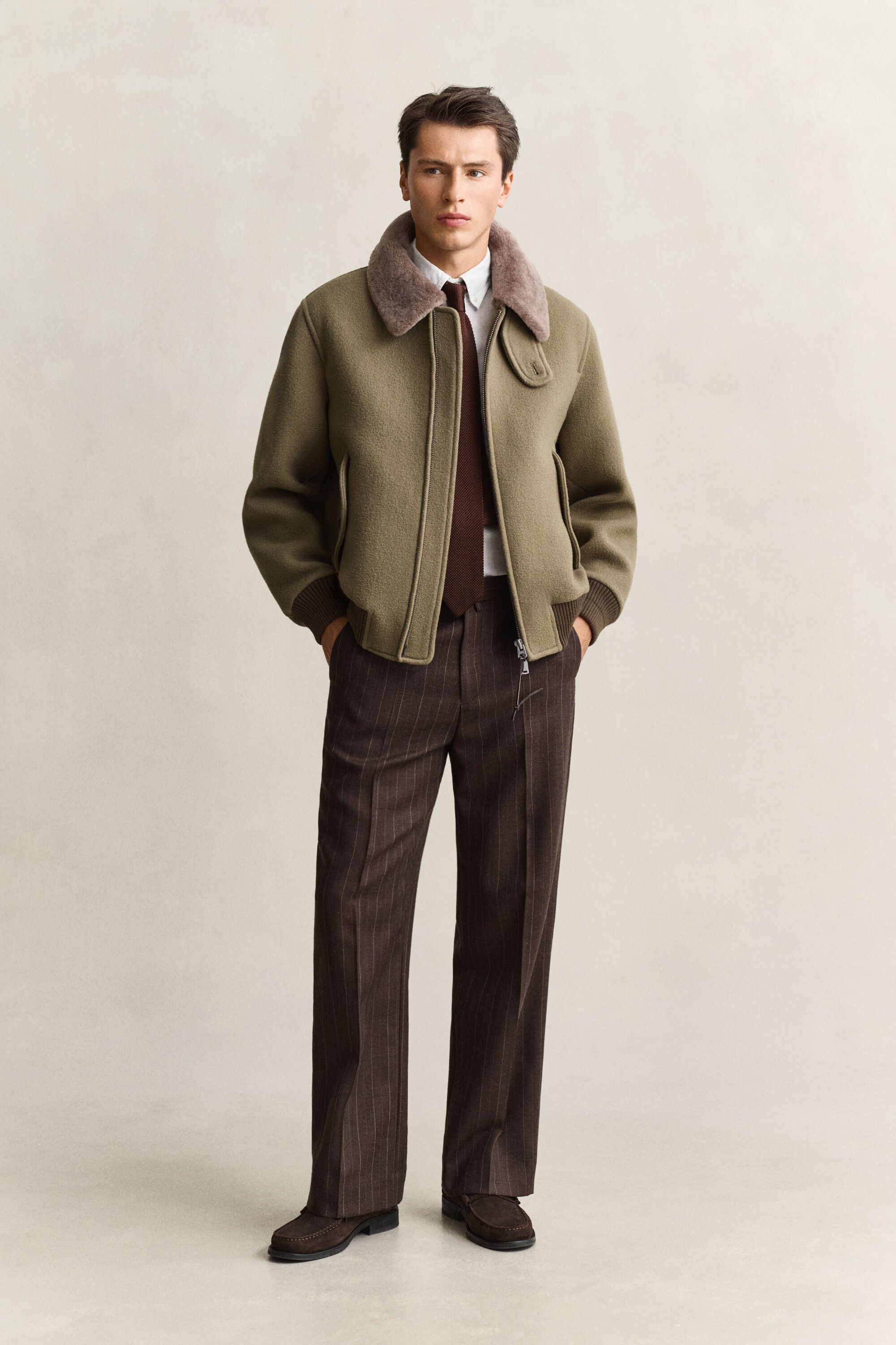 Fliegerjacke aus Wolle mit Shearlingesatz