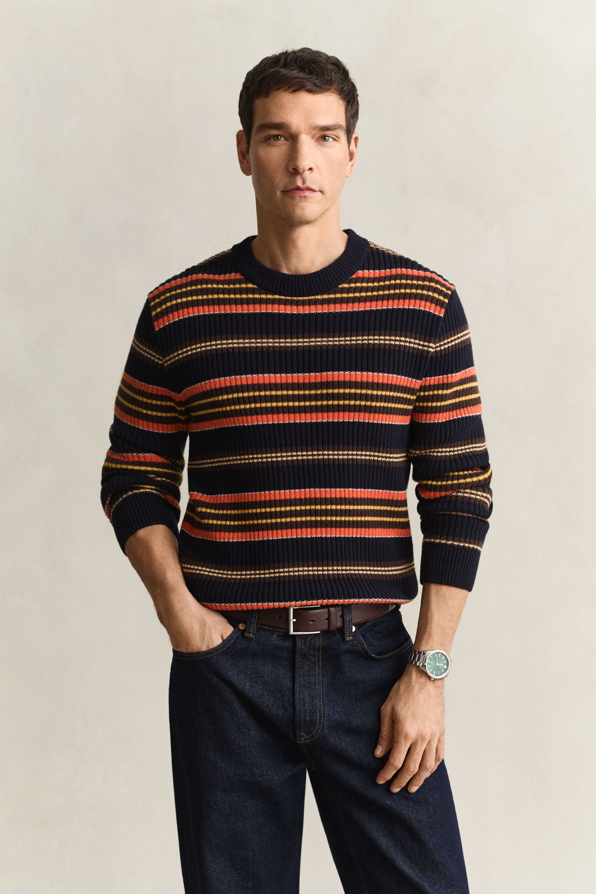 Gerippter Pullover mit Streifen