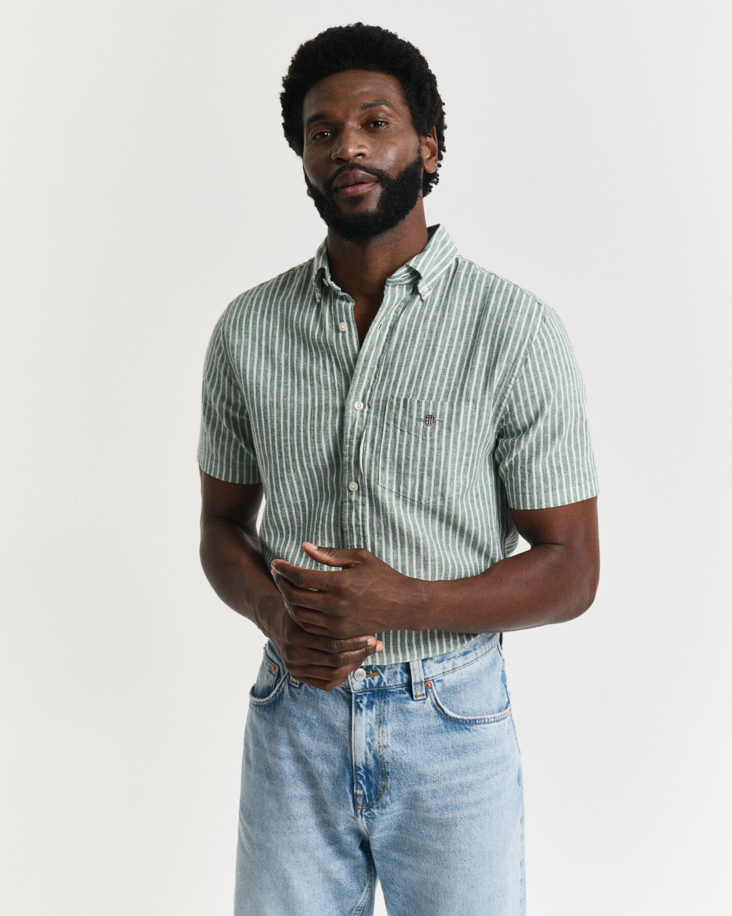 Regular Fit Baumwoll Leinen Kurzarmhemd mit Streifen