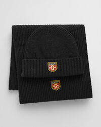 Badge Beanie und Schal aus Wolle im Geschenkset