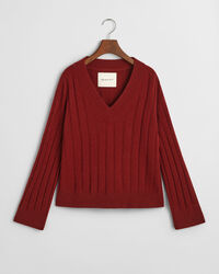 Breit gerippter V-Neck Wollpullover