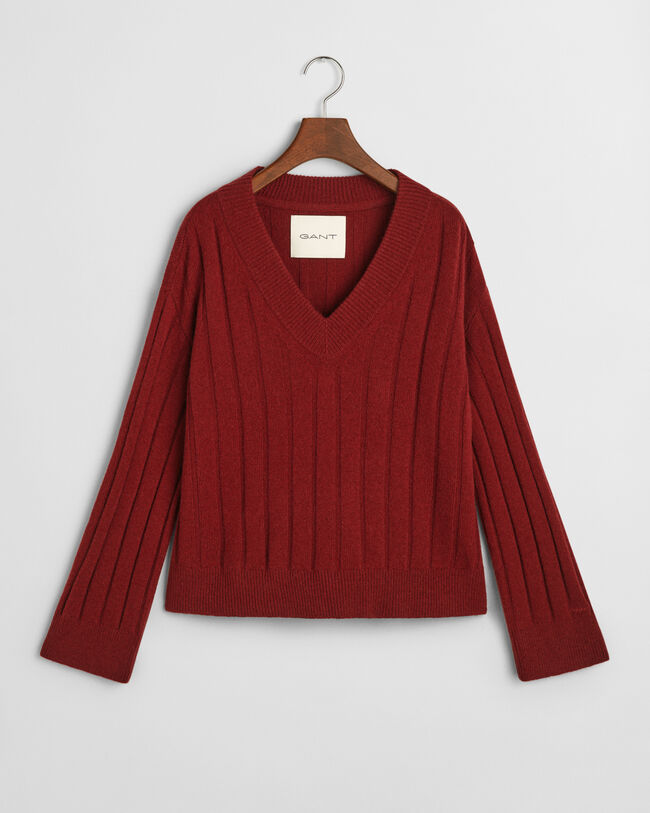 Breit gerippter V-Neck Wollpullover