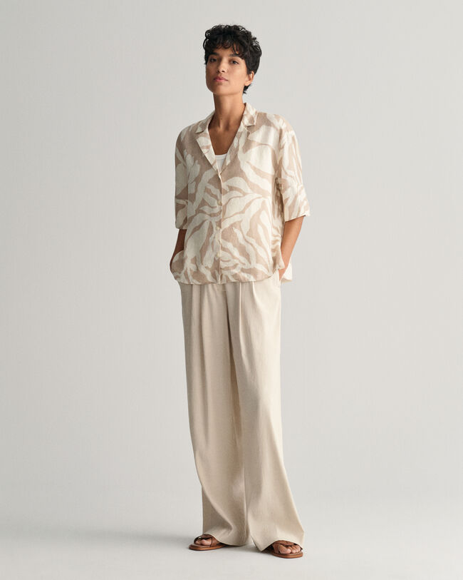 Relaxed Fit Palm Print Leinen Kurzarmbluse