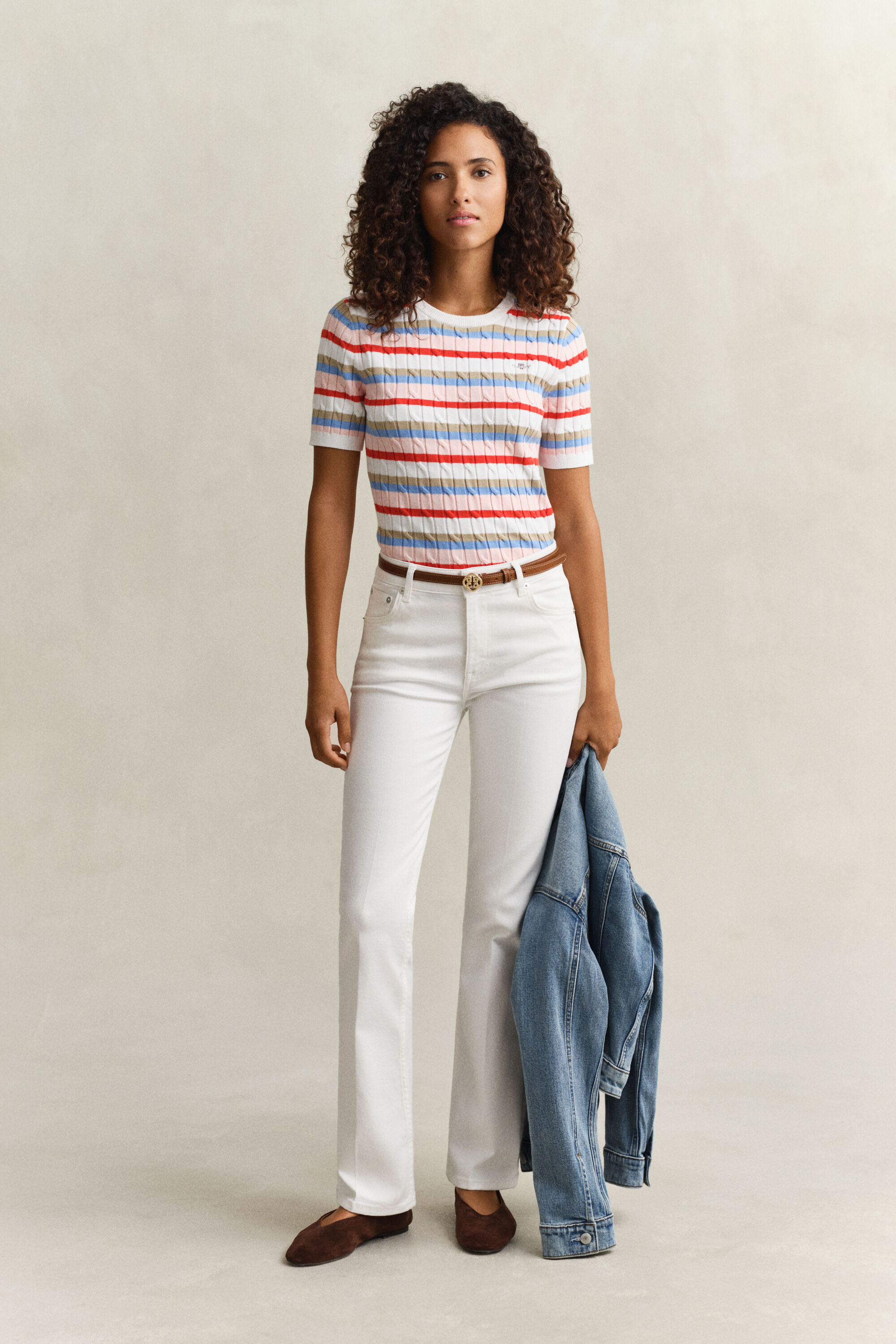 Gestreifter Zopfstrick Kurzarmpullover