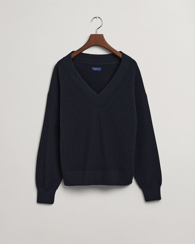 Gerippter V-Neck Pullover aus Baumwolle
