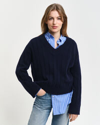 Breit gerippter V-Neck Wollpullover