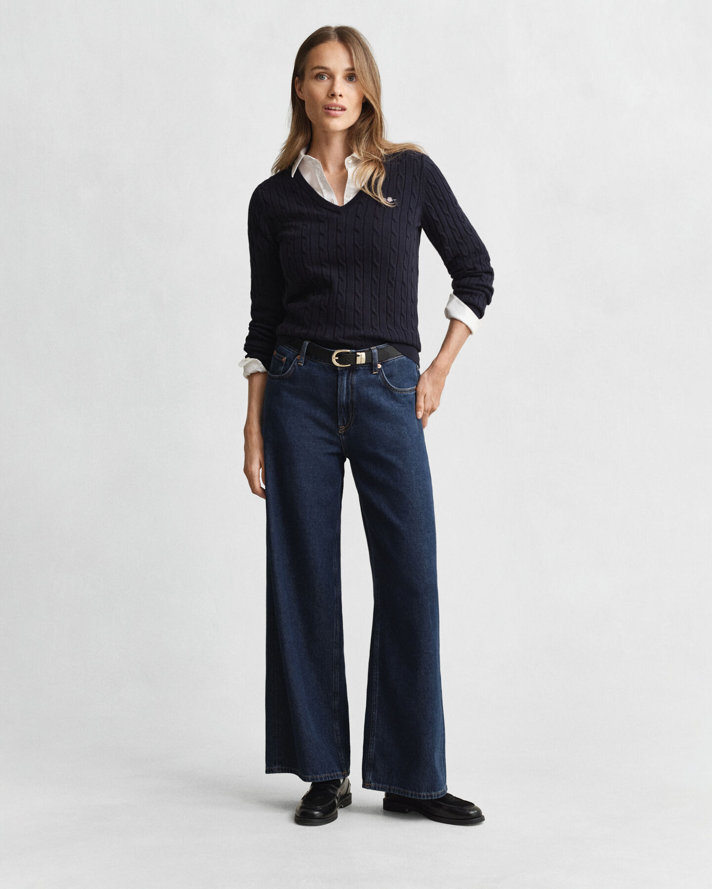 Zopfstrick V-Neck Pullover aus Stretch-Baumwolle