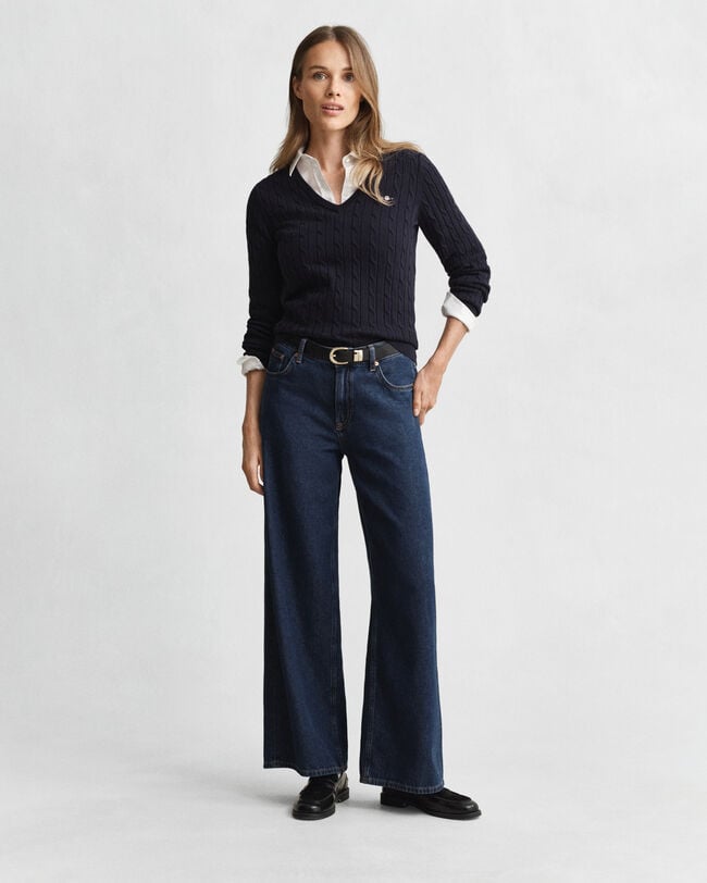 Zopfstrick V-Neck Pullover aus Stretch-Baumwolle