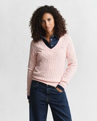 Zopfstrick V-Neck Pullover aus Stretch-Baumwolle