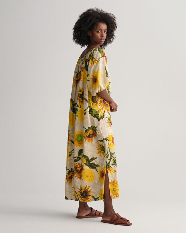 Gerafftes Kleid mit Sonnenblumen-Print