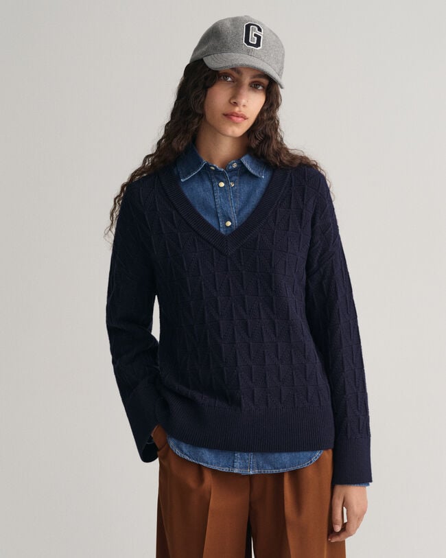 V-Neck Pullover mit Fischgr&auml;tmuster
