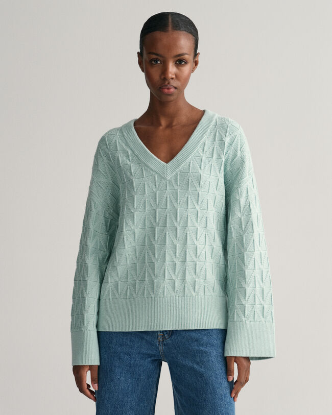 V-Neck Pullover mit Fischgr&auml;tmuster