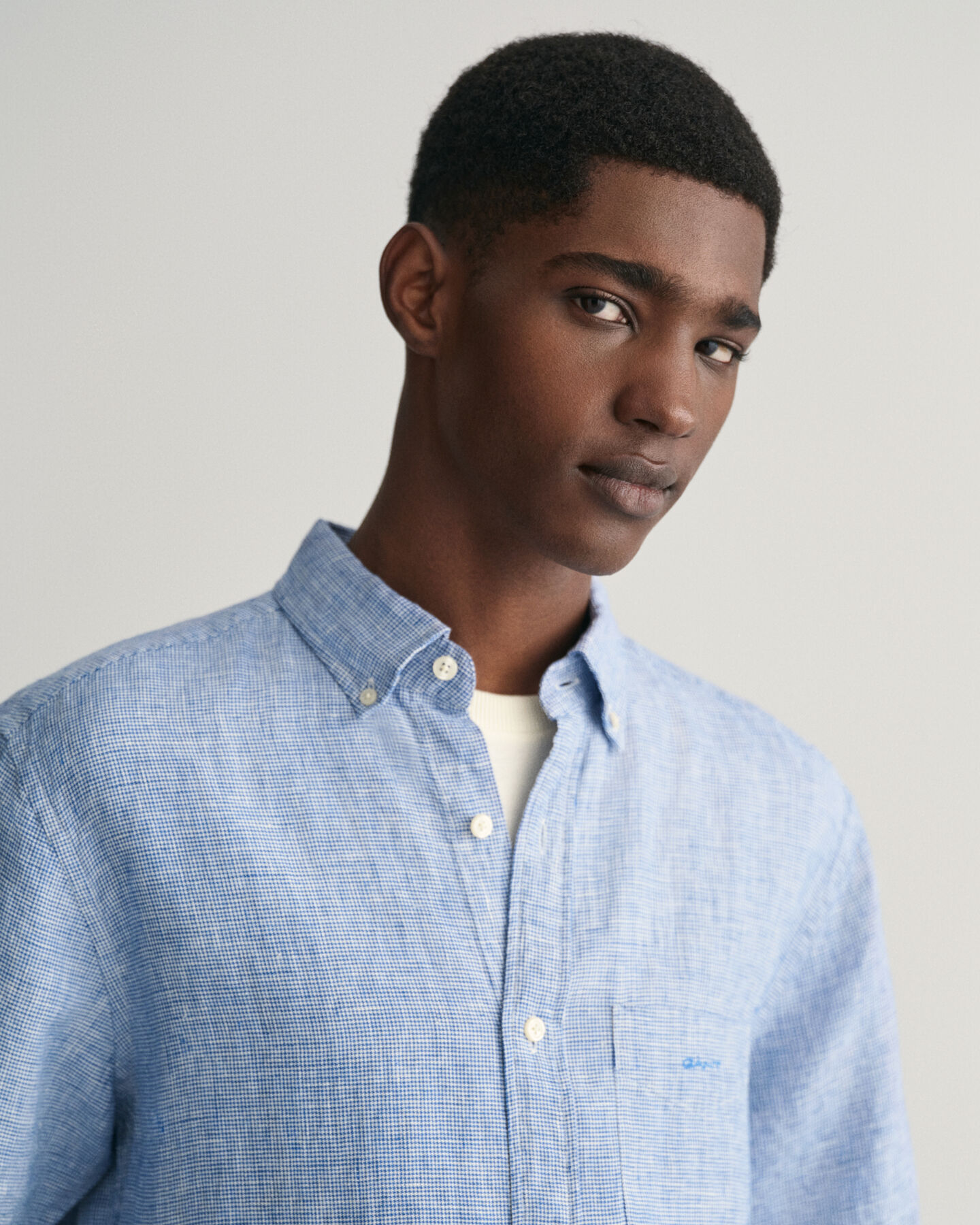 Regular Fit Leinen Kurzarmhemd im Hahnentrittmuster