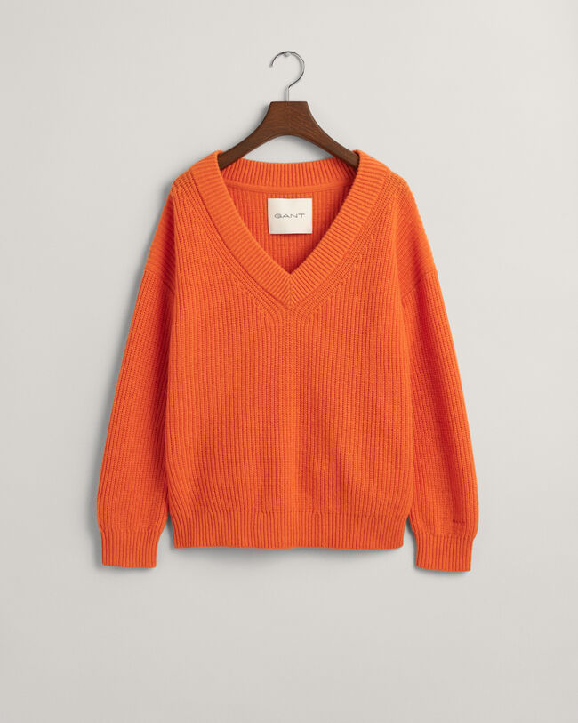 Gerippter V-Neck Wollpullover
