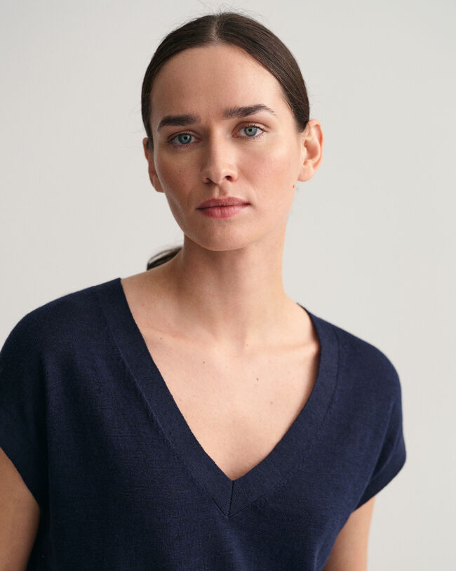 V-Neck Top aus Leinenmischgewebe