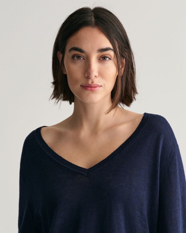 V-Neck Pullover aus Leinenmischgewebe
