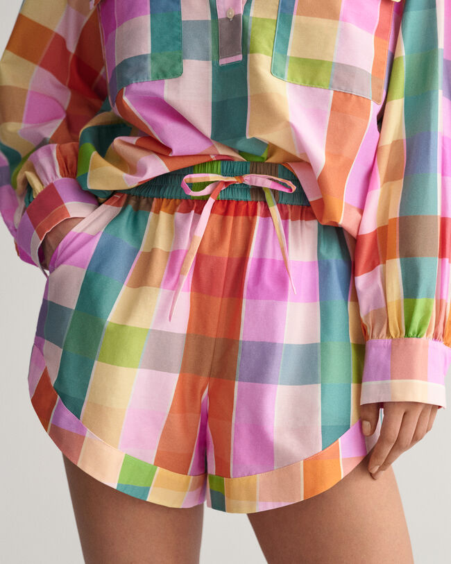 Mehrfarbig karierte Baumwoll Seiden Shorts