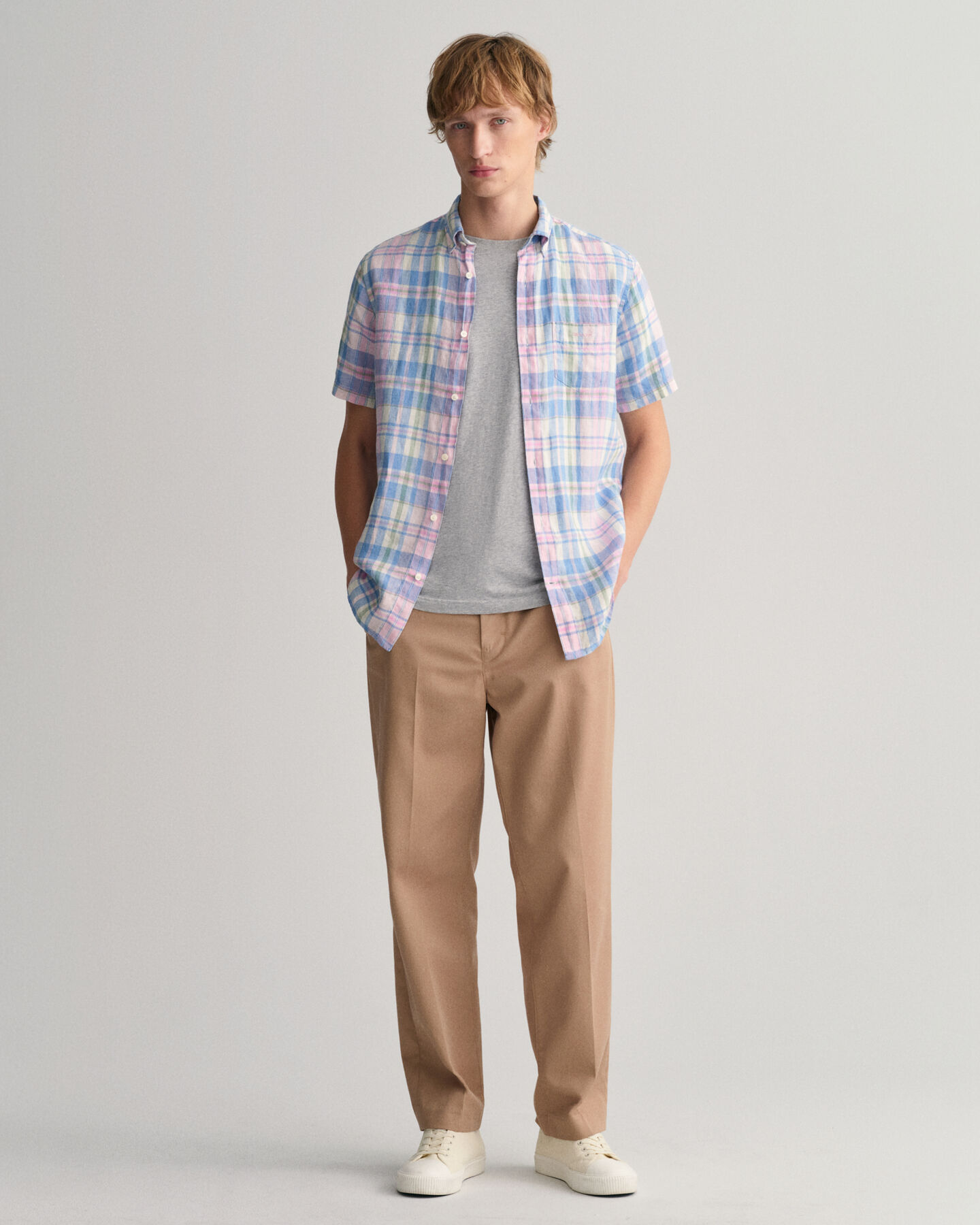Regular Fit Madras Kurzarmhemd aus Leinen