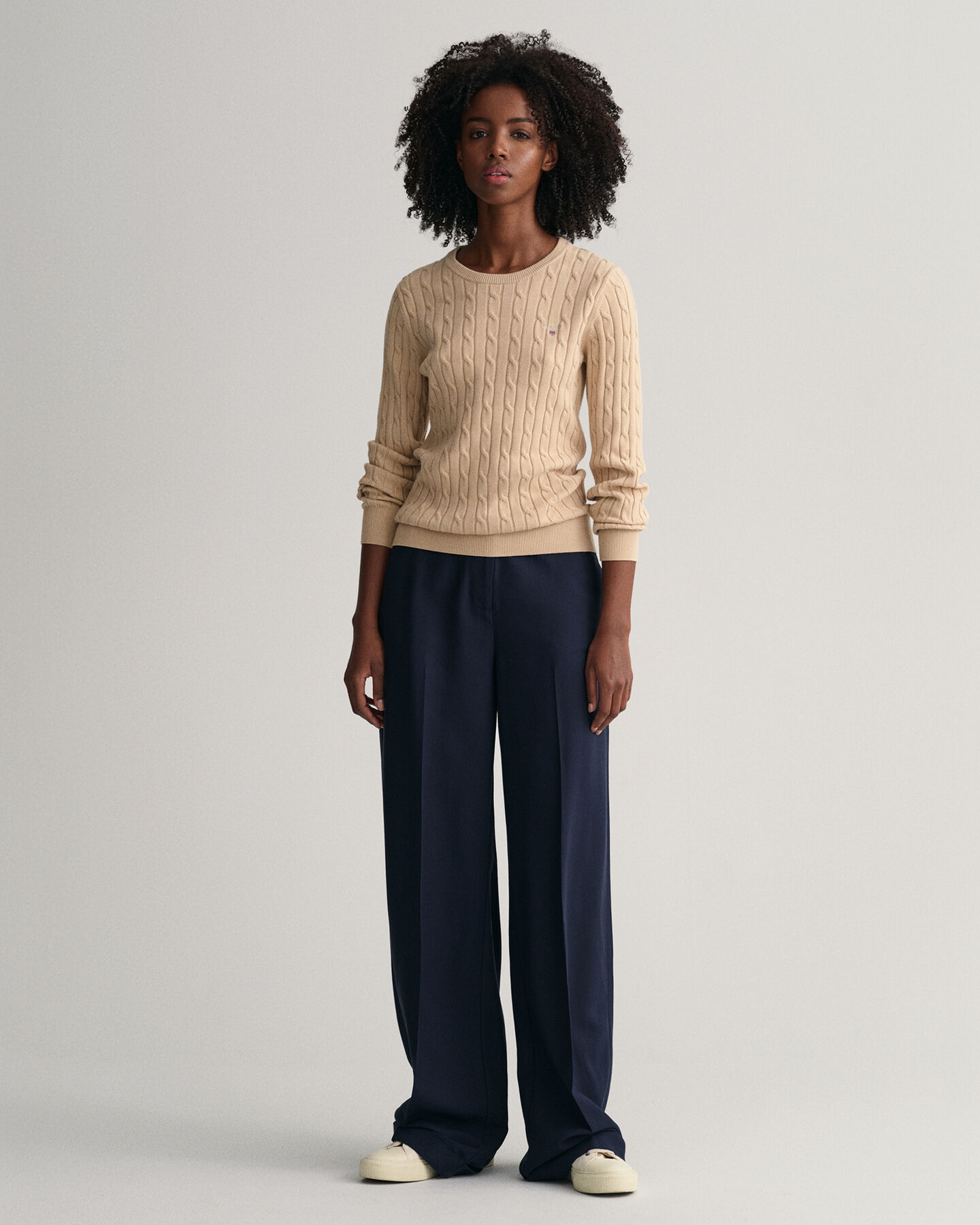 Zopfstrick Rundhalspullover aus Stretch-Baumwolle