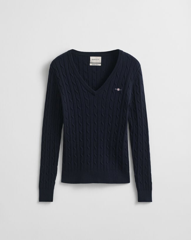 Zopfstrick V-Neck Pullover aus Stretch-Baumwolle