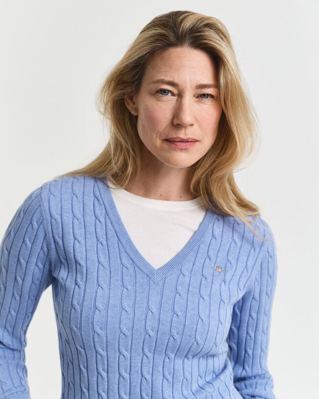 Zopfstrick V-Neck Pullover aus Stretch-Baumwolle