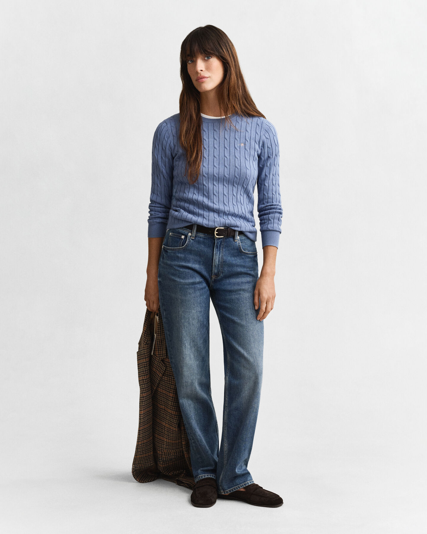 Zopfstrick Rundhalspullover aus Stretch-Baumwolle