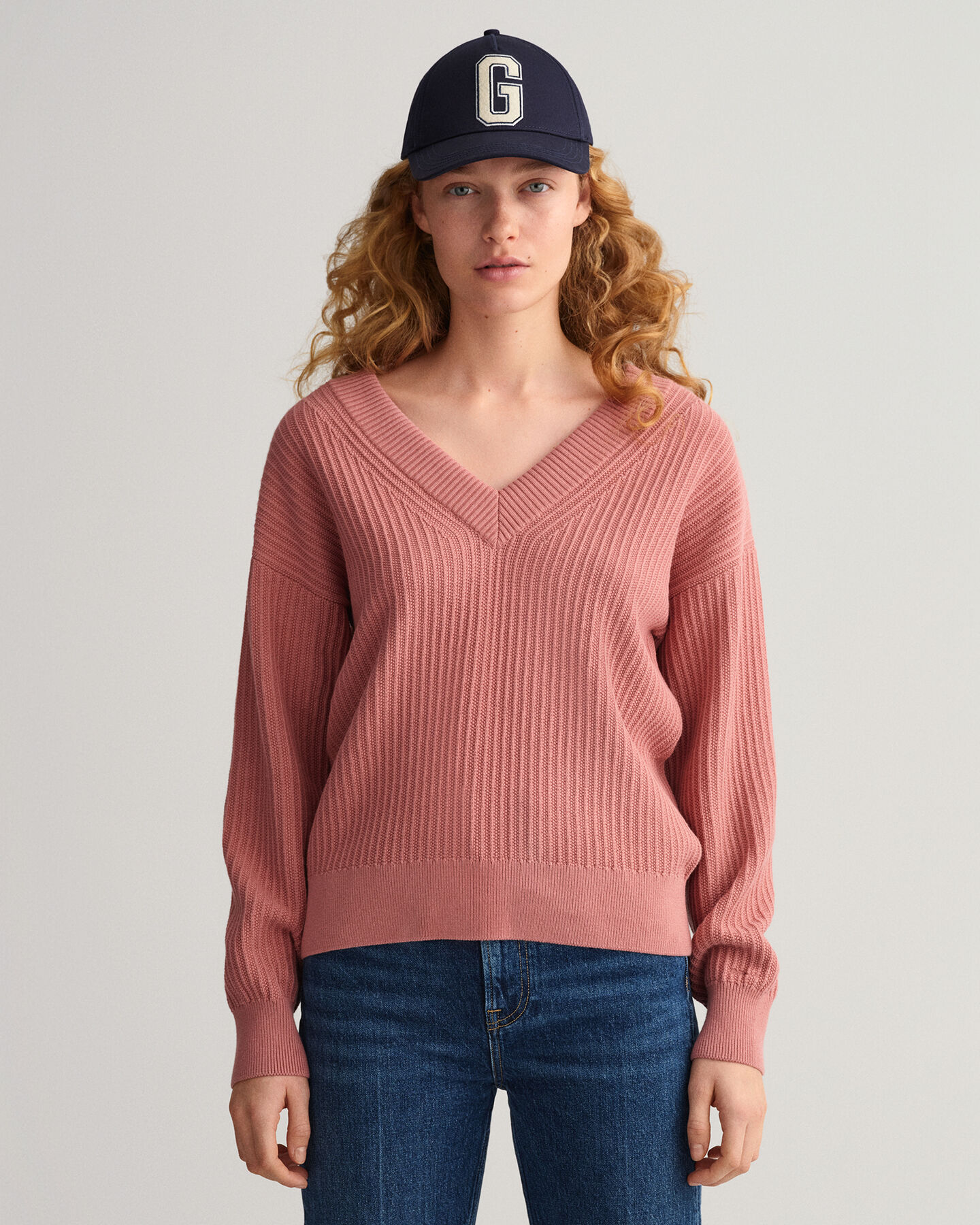 Gerippter V-Neck Pullover aus Baumwolle