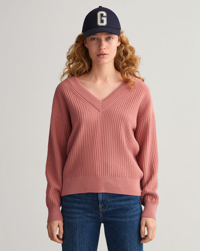 Gerippter V-Neck Pullover aus Baumwolle
