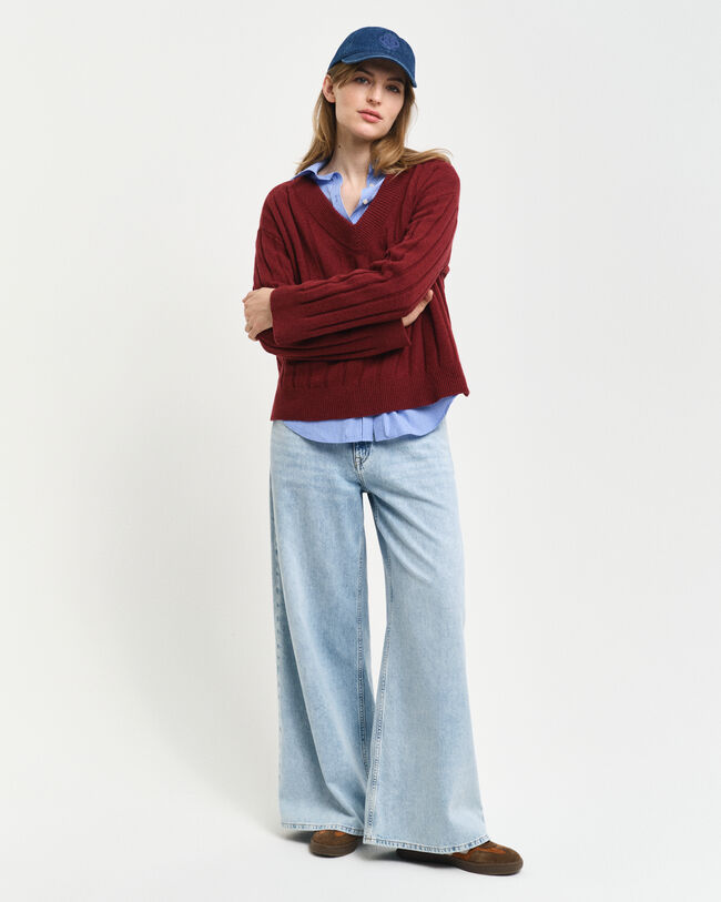 Breit gerippter V-Neck Wollpullover
