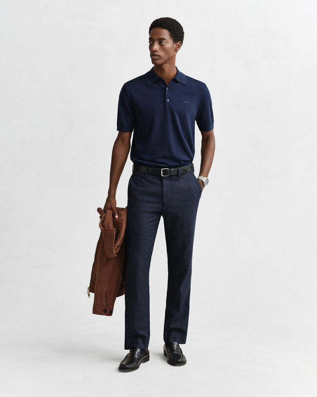 Kurz&auml;rmeliger Polopullover aus extrafeiner Merinowolle