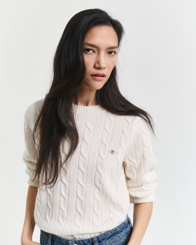 Lambswool Zopfstrick Rundhalspullover