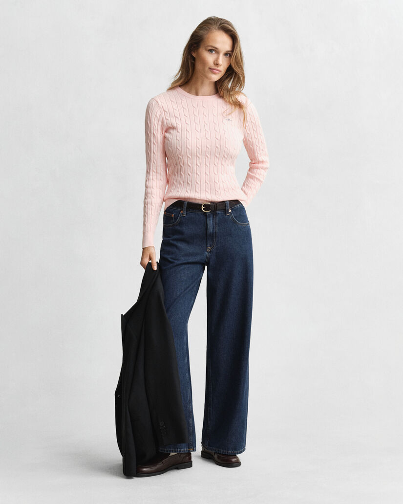 Zopfstrick Rundhalspullover aus Stretch-Baumwolle