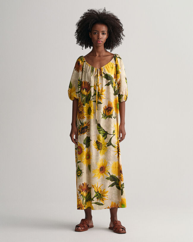 Gerafftes Kleid mit Sonnenblumen-Print