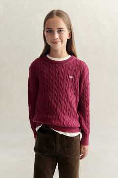 Teen Girls Shield Cable Knit Sweater — VIBRANT BURGUNDY 5