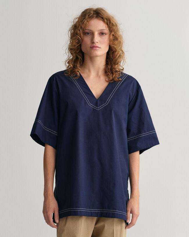 V-Neck Kurzarm Oberteil mit Kontrastn&auml;hten