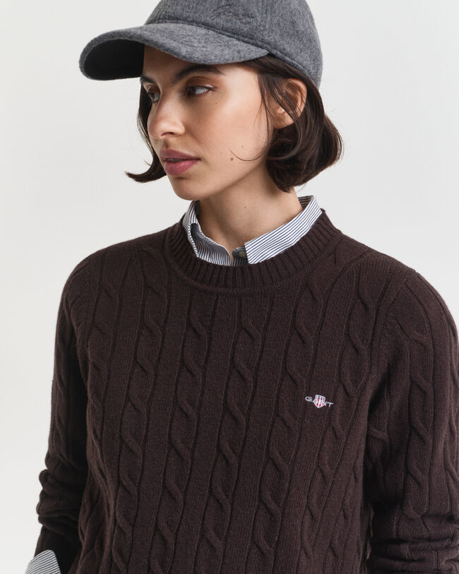 Lambswool Zopfstrick Rundhalspullover