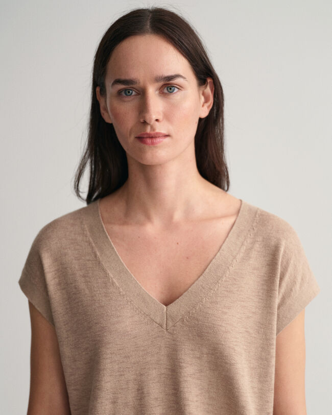 V-Neck Top aus Leinenmischgewebe