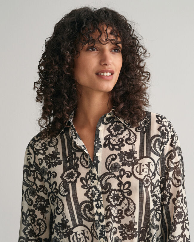 Relaxed Fit Baumwoll Seiden Bluse mit Spitzen-Print