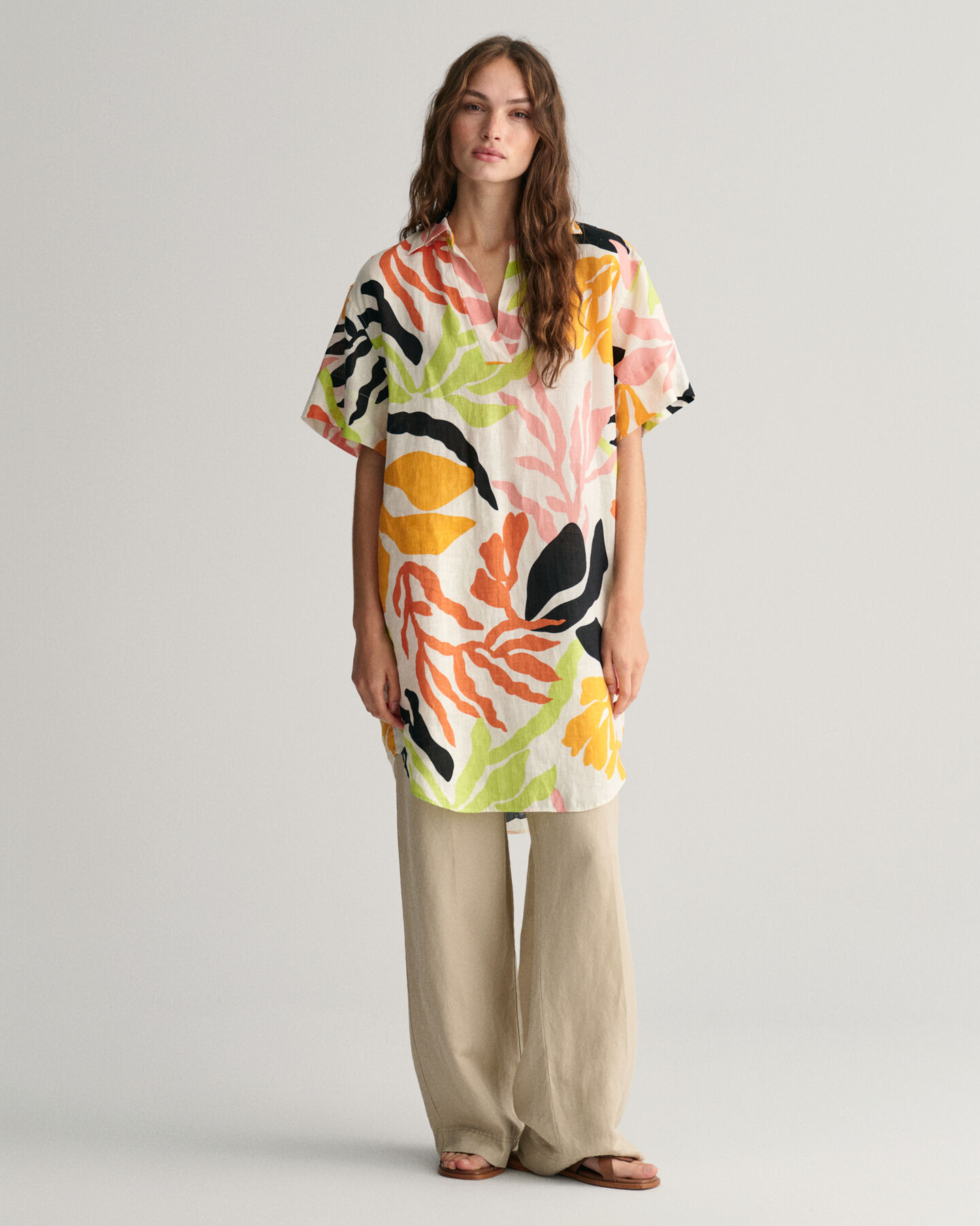 Palm Print Leinen Kurzarm-Kaftan