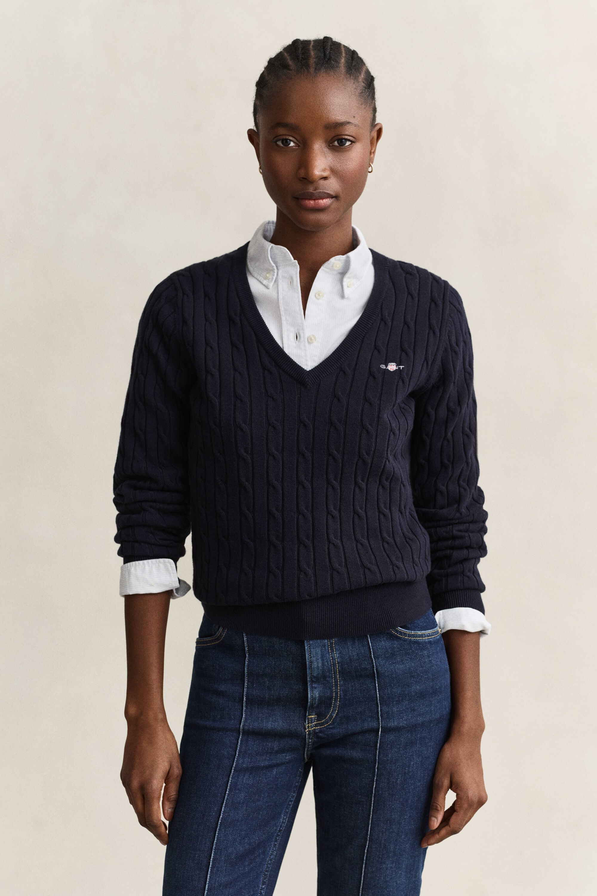 Zopfstrick V-Neck Pullover aus Stretch-Baumwolle