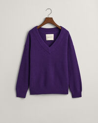 Gerippter V-Neck Wollpullover