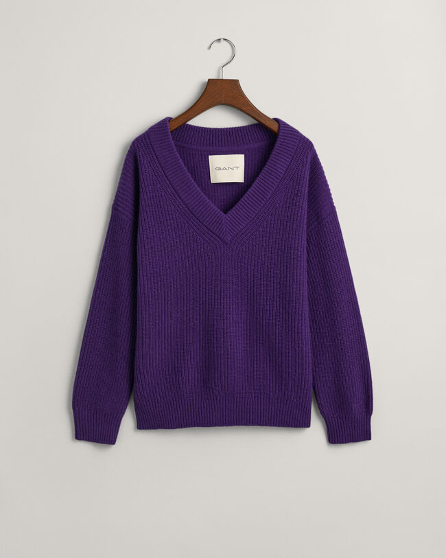 Gerippter V-Neck Wollpullover