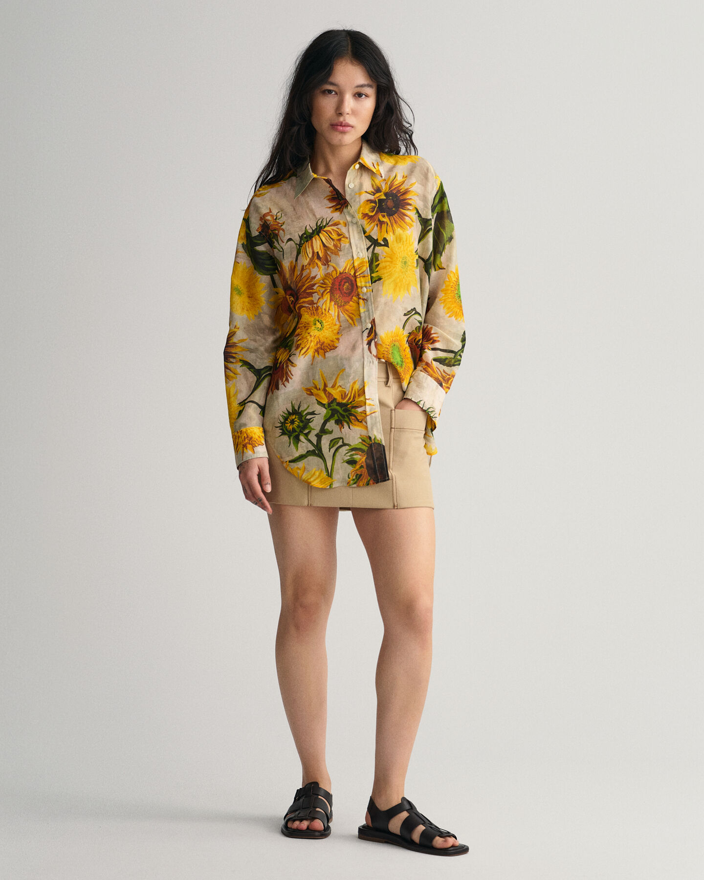 Relaxed Fit Baumwoll Seiden Bluse mit Sonnenblumen-Print