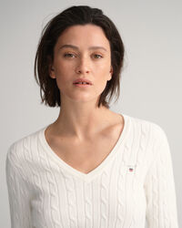 V-Neck Pullover aus Stretch-Baumwolle mit Zopfmuster