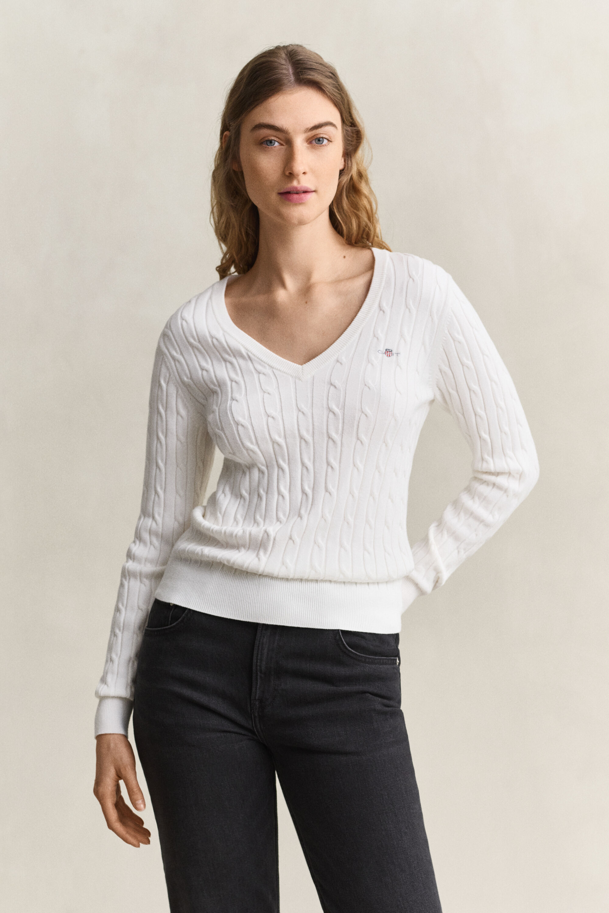 Zopfstrick V-Neck Pullover aus Stretch-Baumwolle