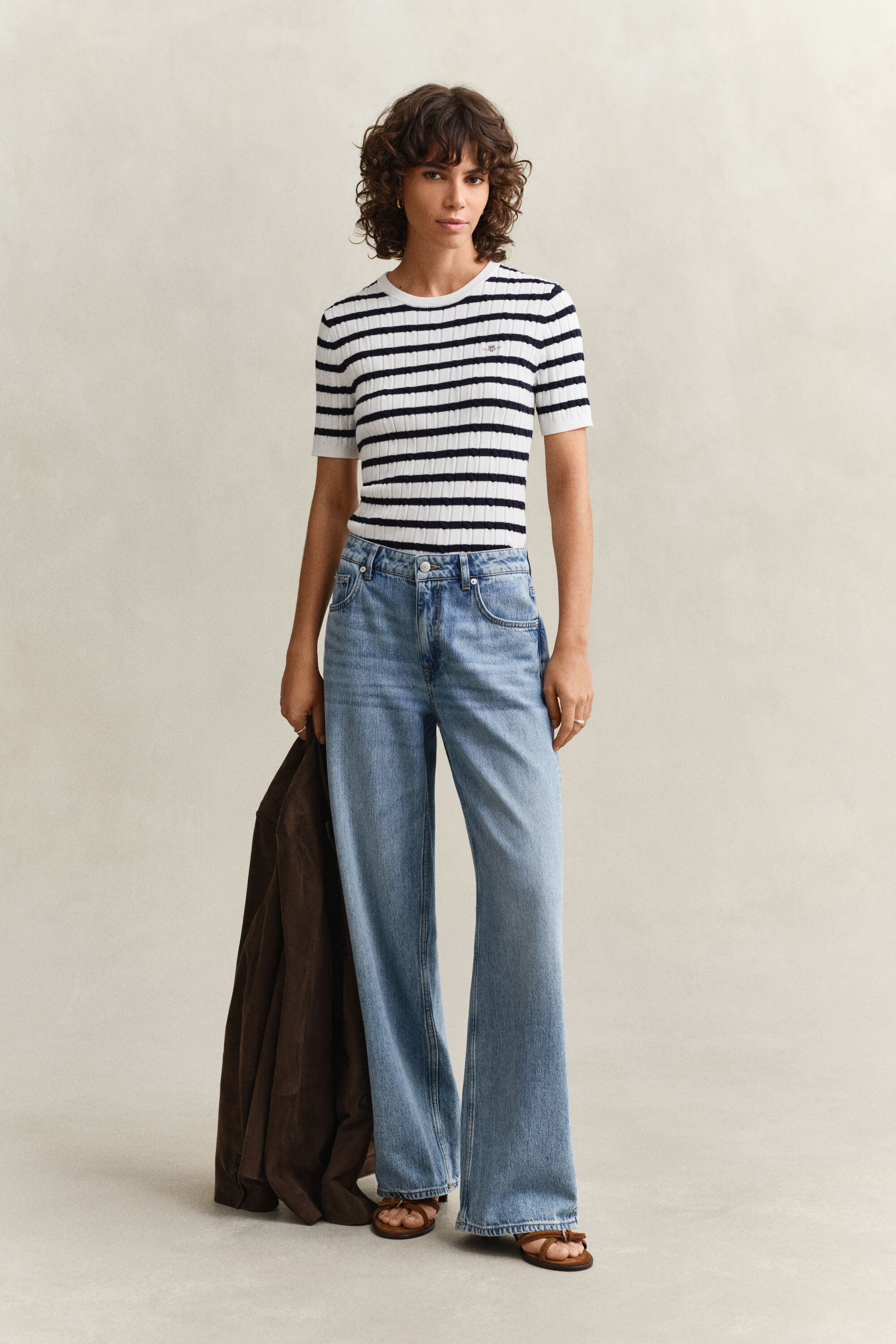 Gestreifter Zopfstrick Kurzarmpullover