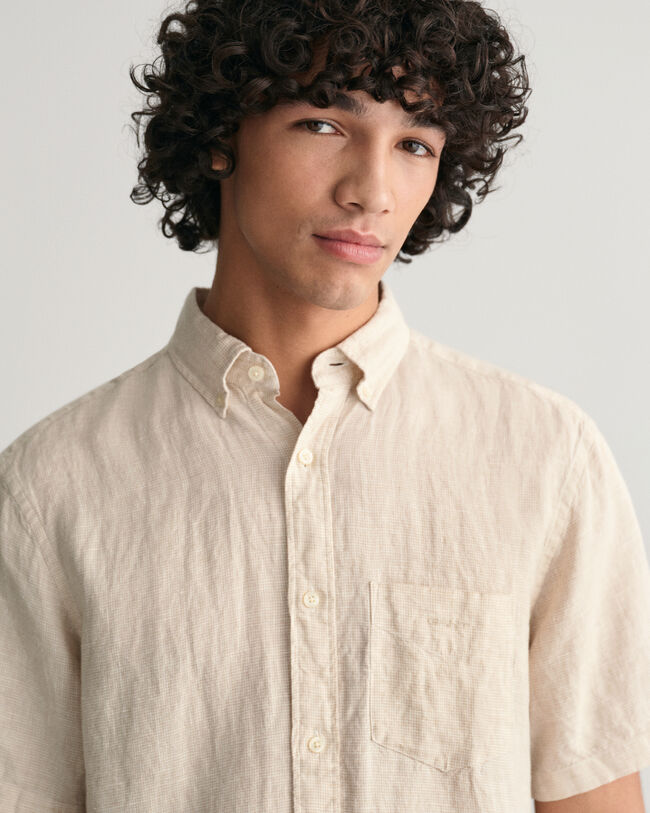 Regular Fit Leinen Kurzarmhemd im Hahnentrittmuster