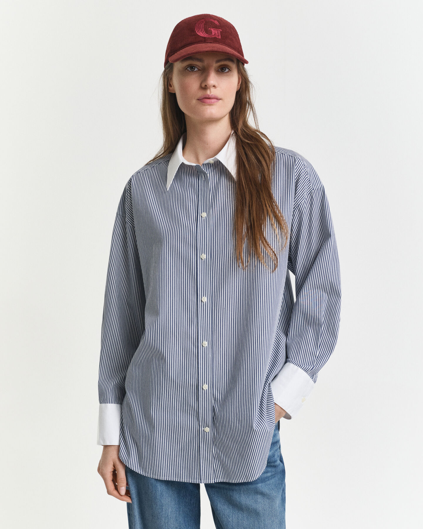 Oversized Bluse mit Kontrastkragen und Streifen