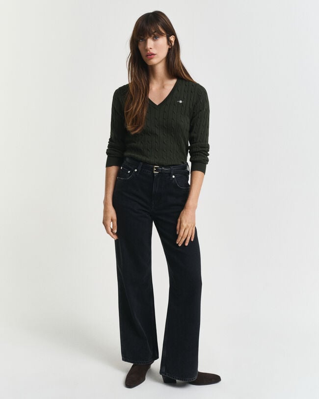 Zopfstrick V-Neck Pullover aus Stretch-Baumwolle