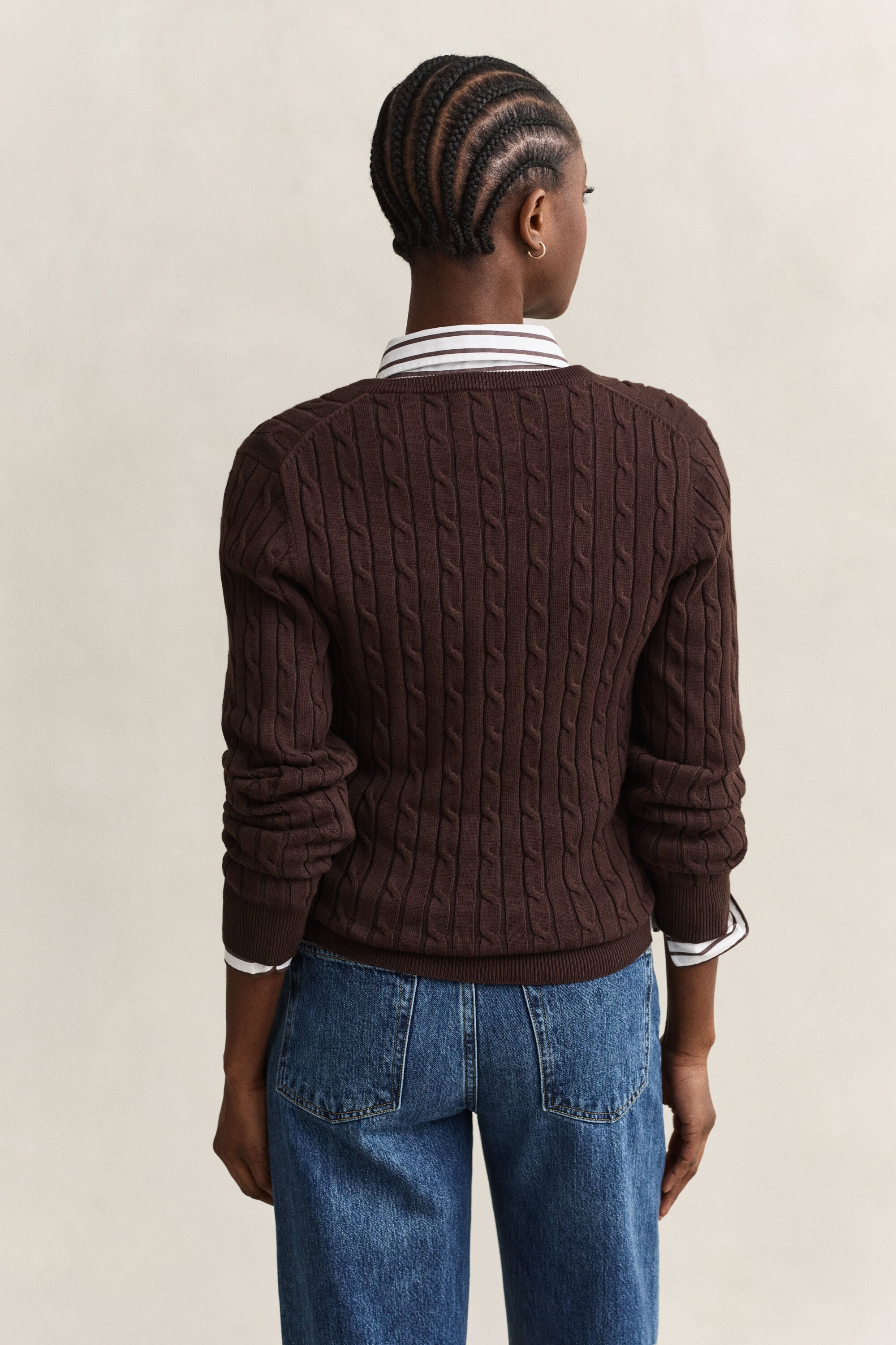 Zopfstrick V-Neck Pullover aus Stretch-Baumwolle